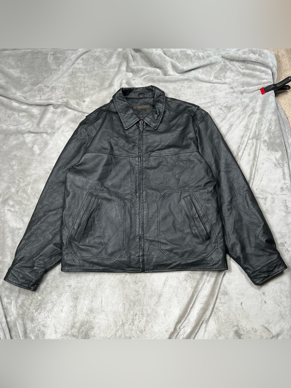 Vintage St Johns Bay Leather Jacket Mens XL Black Full Zip Lined Biker Moto 90s